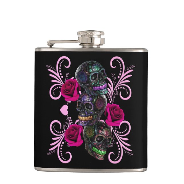 Flasques Triple Black Jour des Morts Crânes Roses Roses (Devant)