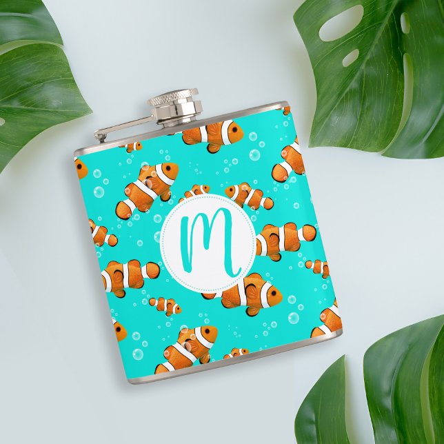 Flasques Tropical Clownfish & Bubbles Motif (Tropical Clownfish Pattern & Monogram Flask)