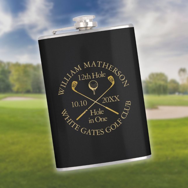 Flasques Trou de golf personnalisé en un Noir et Or (Personalized Golf Hole in One Black And Gold Flask)