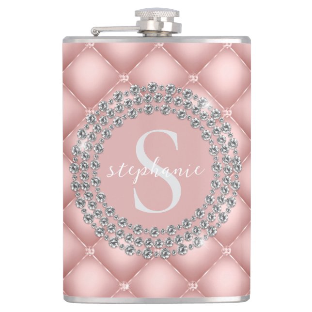Flasques Tufted Sparkly Diamonds Blush Pink Monogram  (Devant)