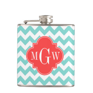 Flasques Turq Aqua Blanc Chevron Corail Quatrefeuille 3 Mon