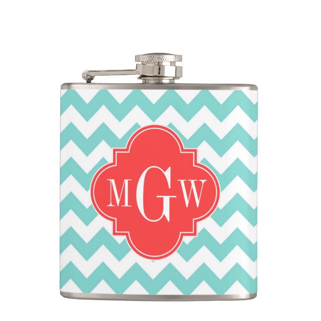 Flasques Turq Aqua Wht Chevron Coral Quatrefoil 3 Monogramm (Devant)