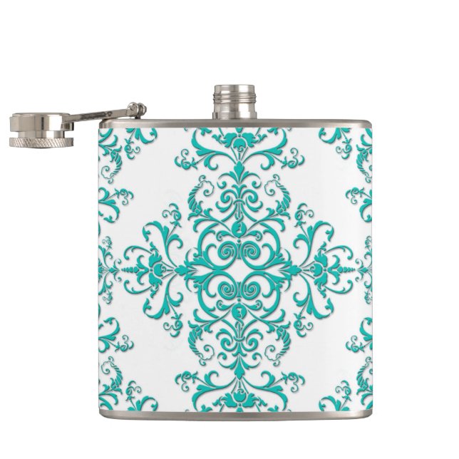 Flasques Turquoise Aqua et Blanc Fancy Floral Damassé (Ouvert)
