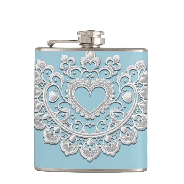 Flasques Turquoise Bleu Blanc Dentelle Cœur Mariage Nuptial (Devant)