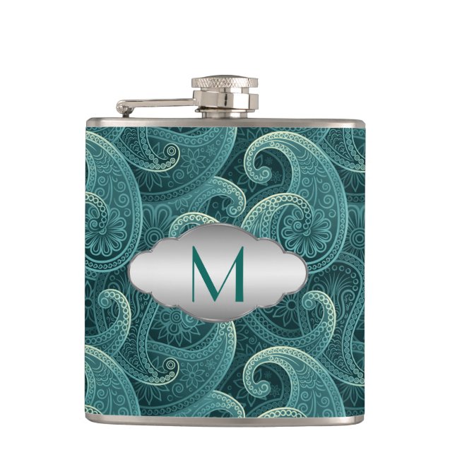 Flasques Turquoise Paisley Motif intemporel Monogramme (Devant)