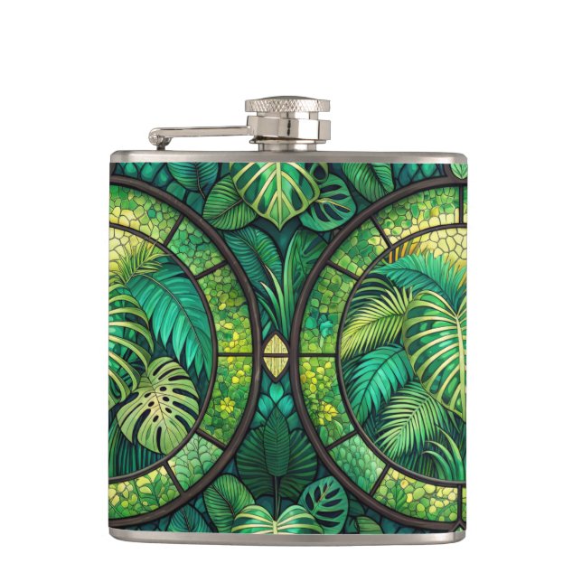 Flasques Two metal flasks with vibrant green tropical  (Devant)