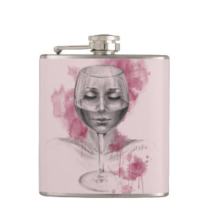 Flasques Une femme visage dans le verre de vin dessin surré