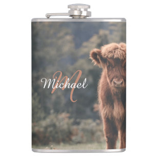 Flasques Vache de Highland calvaire herbe d'automne monogra