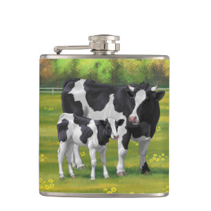 Flasques Vache Holstein et veau mignon en pâturage d'été