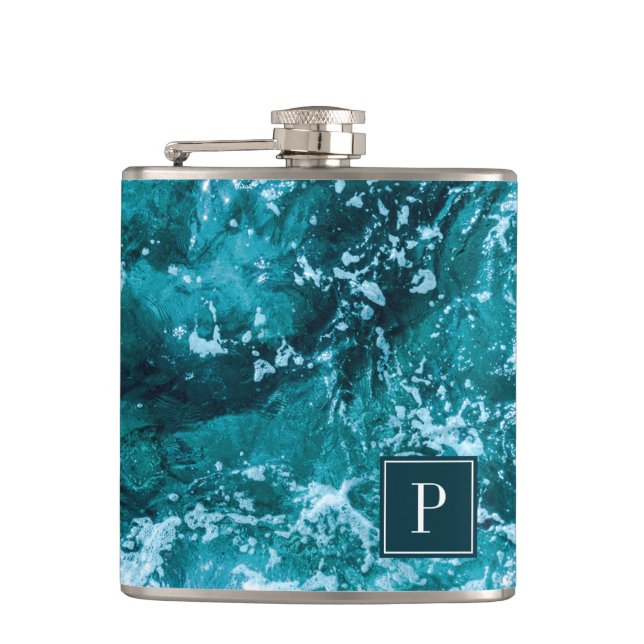 Flasques Vagues de mer turquoise à monogramme personnalisé (Devant)