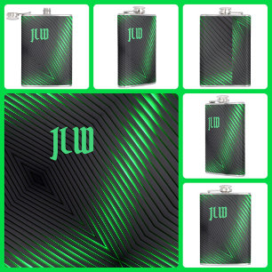 Flasques Vert noir rayures Techno Abstrait avec initiales