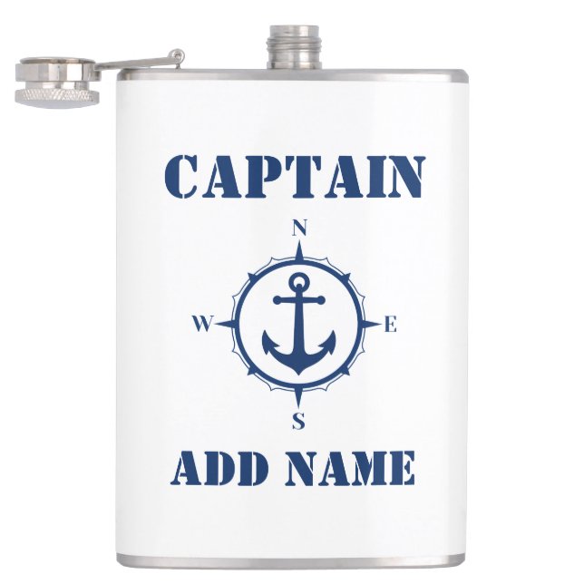 Flasques Votre nom Capitaine Flask Compass Ancre Blanc (Ouvert)