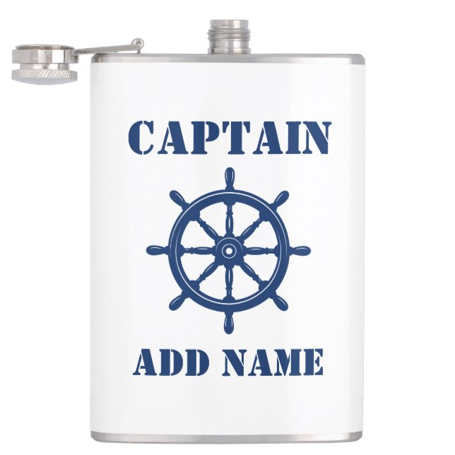Flasques Votre nom Capitaine Flask Ships Wheel Helm (Ouvert)