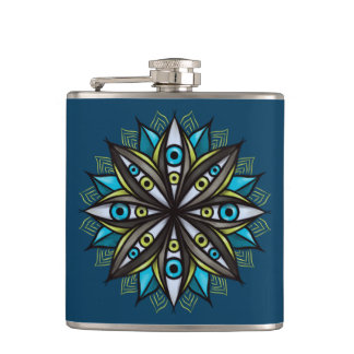 Flasques Weird Eyes Mandala Art - Trippy Flower Blue Green