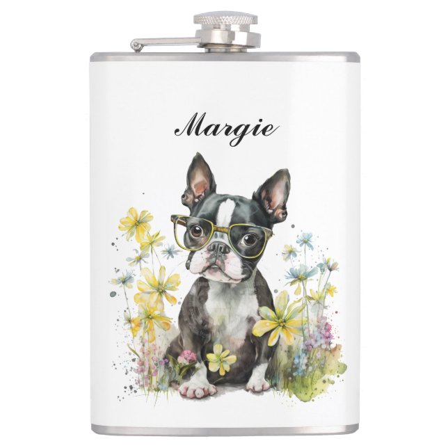 Flasques Whimssical Boston Terrier Chiot portant des lunett (Devant)