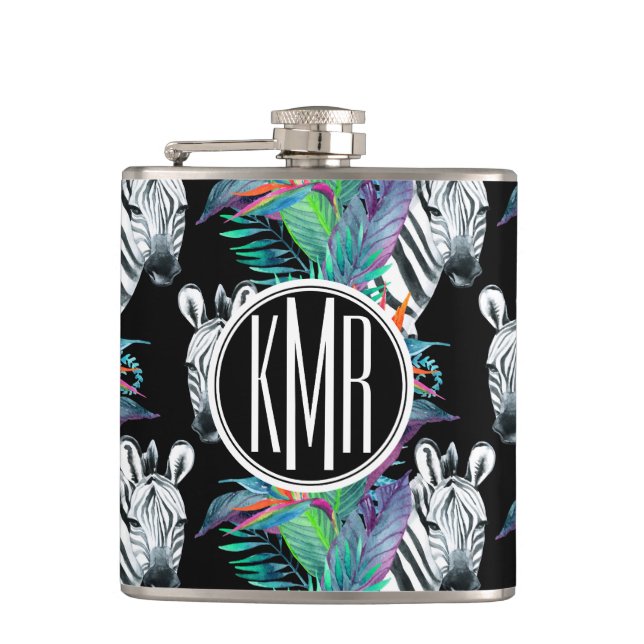 Flasques Zèbre et monogramme exotique du motif de fleurs | (Devant)