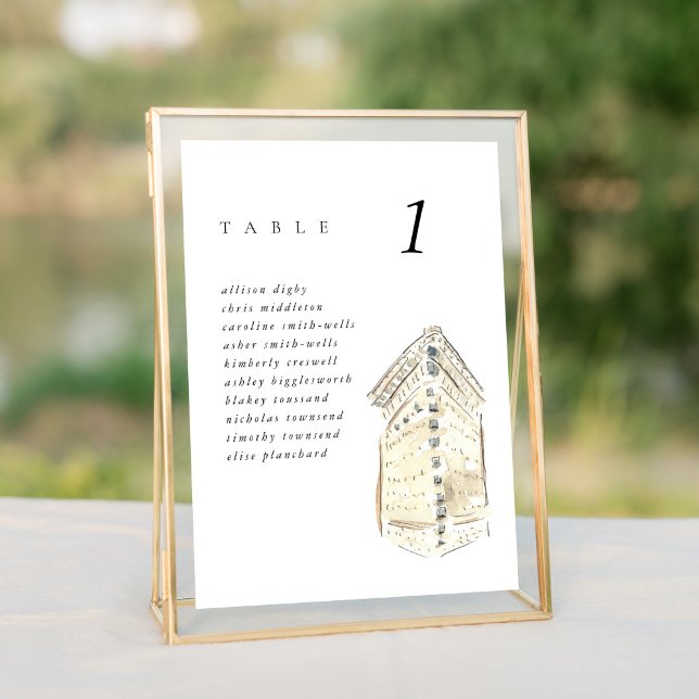 Flatiron Building New York Mariage Seating Chart (Watercolor Flatiron Hotel chic New York City skyline wedding table number cards.)