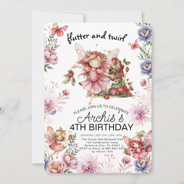 Flatter et Twirl Little Fairy Invitation d'anniver (Devant)