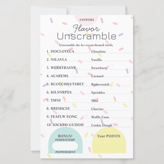 Flavor Frenzy Word Scramble RÉPONSE KEY (Devant)