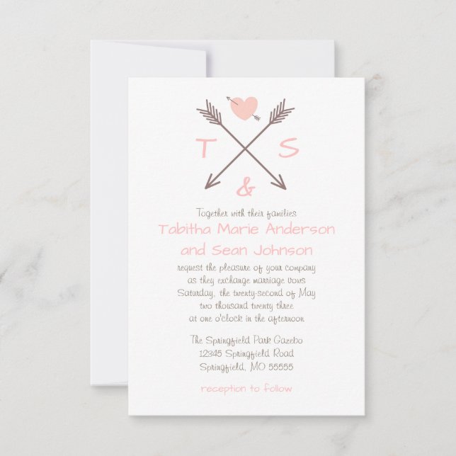 Flèches Cœur Rose - Faire-part de mariage 3x5 (Devant)