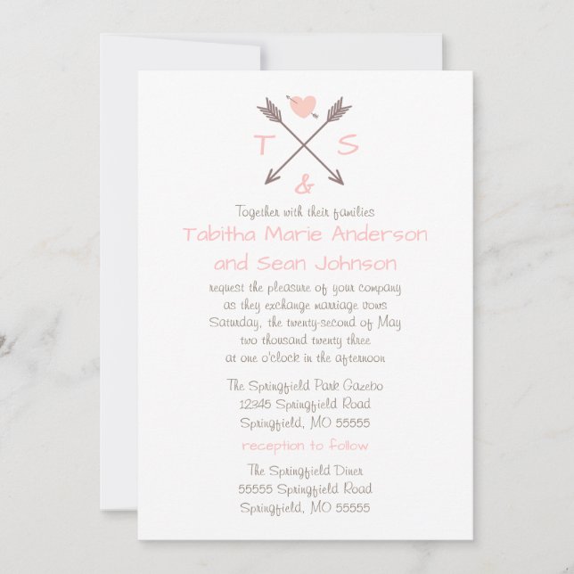 Flèches Cœur Rose - Invitation de Mariage & de Réc (Devant)