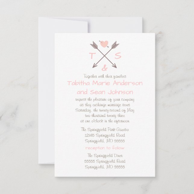 Flèches Cœur Rose - Invitation Mariage & Réception (Devant)