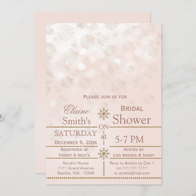 Flèches de neige blush Gold hiver Invitation de do (Devant / Derrière)