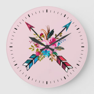 Flèches et plumes roses Boho Bouquet Horloge mural