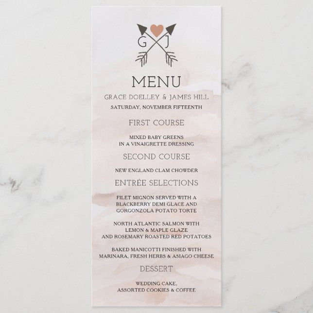 Flèches romantiques rustiques et menu Mariage du c (Devant)