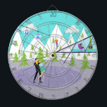 Fléchettes Cible de flechettes de station de ski d'hiver Retr<br><div class="desc">Cette Cible de flechettes de ski d'hiver de Retro a quelque chose pour tous. Le dessin animé pittoresque présente une chaîne de montagnes enneigée avec des cèdres verts. Un skieur solitaire, en rouge, orange et bleu roi, se balade sur la plus haute montagne. La neige continue de tomber des nuages...</div>