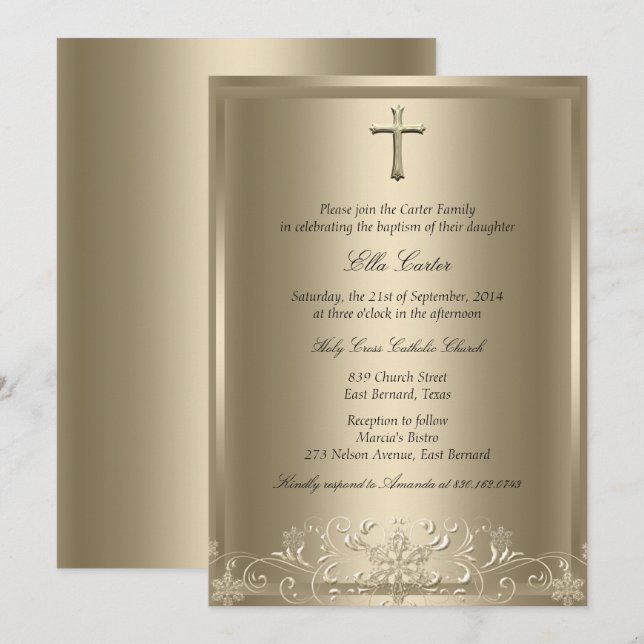 Fléchettes de neige en or et Invitation Baptême de (Devant / Derrière)