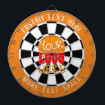 Fléchettes Votre logo personnalisé Orange et Cible de flechet<br><div class="desc">Personnalisez votre logo ici dartboard avec l'option de téléchargement du logo central. Téléchargez un fichier sans arrière - plan blanc pour obtenir un meilleur aperçu du arrière - plan. Ajoutez du texte en haut et en bas du tableau ou supprimez le texte dans l'espace modèle.</div>