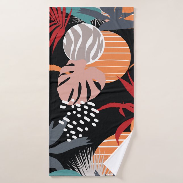 Fleur Abstraite et feuilles tropicaux dessinent co (Serviette de bain)