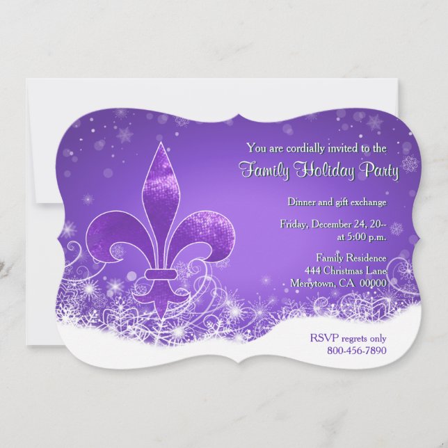 Fleur and Snowflake Purple Holiday Invitation (Devant)