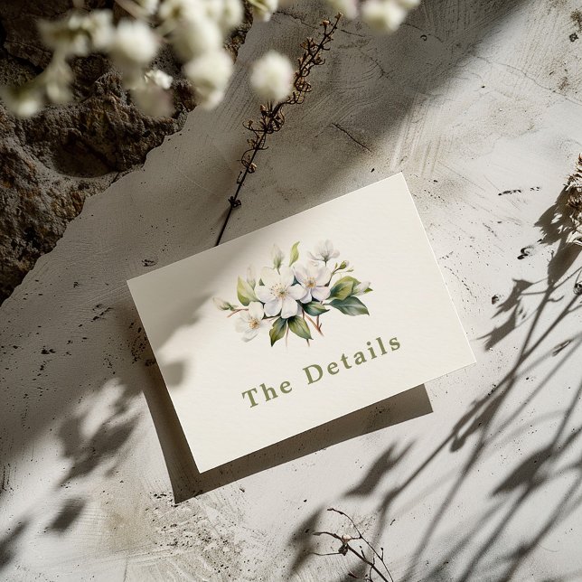 Fleur Apple Blossom Détails Carte de boîtier (Delicate and pretty "The Details" wedding card with painted style white apple blossom flowers)