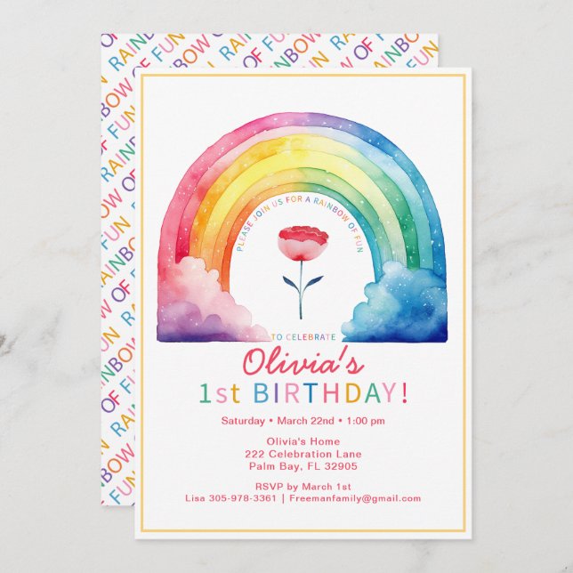 Fleur arc-en-ciel 1er anniversaire Invitation (Devant / Derrière)