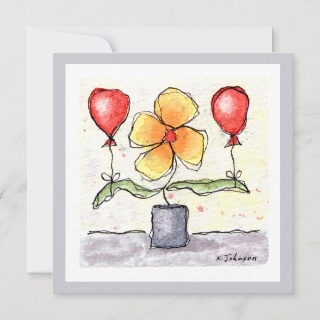 Fleur avec Ballons Watercolor Carte de voeux (Devant)