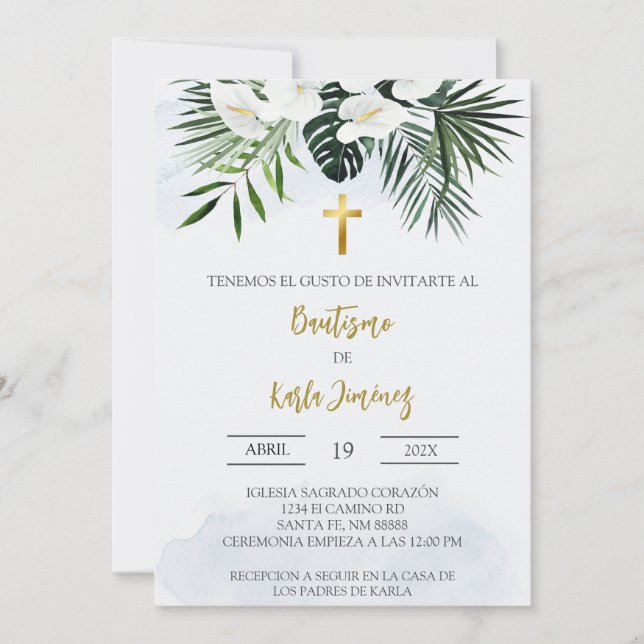 Fleur blanche Baptême espagnole Invitation (Devant)