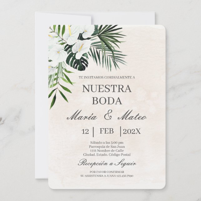 Fleur blanche beige Faire-part de mariage espagnol (Devant)