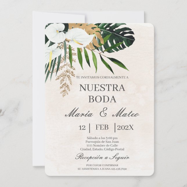 Fleur blanche beige Faire-part de mariage espagnol (Devant)