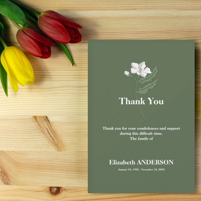 Fleur blanche - Carte de remerciements funéraire v (White Flower - Green Funeral Thank You Card)
