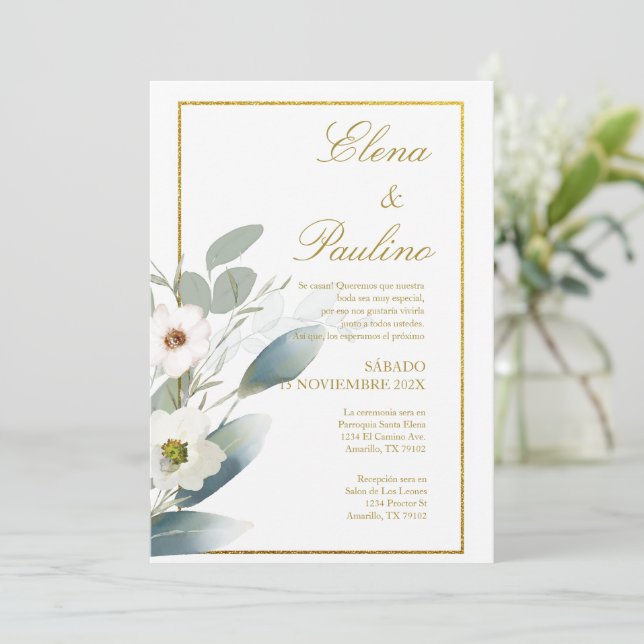 Fleur blanche Elégant mariage Invitation en espagn (Debout devant)