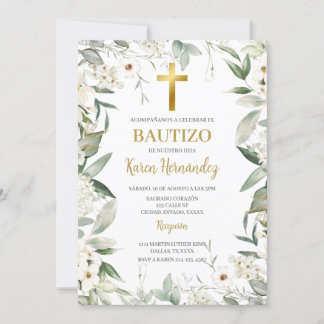 Fleur blanche verdure Baptême Espagnol Invitation