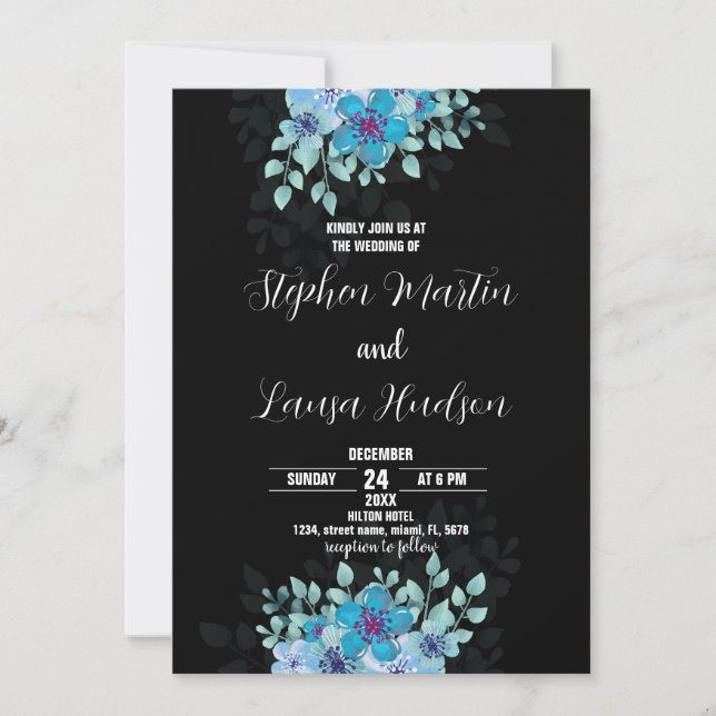 Fleur bleue Black Wedding Invitations (Devant)