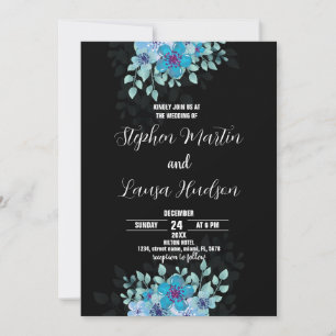 Fleur bleue Black Wedding Invitations