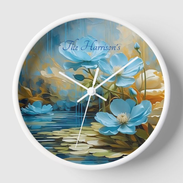 Fleur bleue colorée editable horloge murale (Recto)