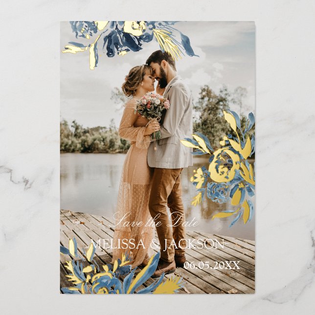 Fleur bleue délicate et faire-part de date d'or (Recto)