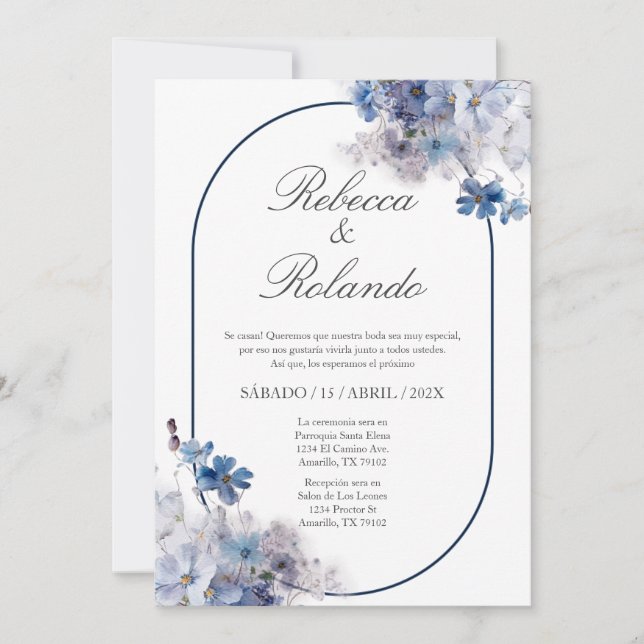 Fleur bleue Elégant Mariage Invitation en espagnol (Devant)