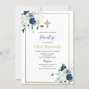 Fleur bleue et blanche Invitation espagnole de bap