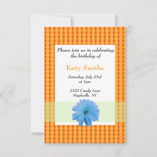 Fleur bleue et diamant orange Invitation d'anniver (Devant)